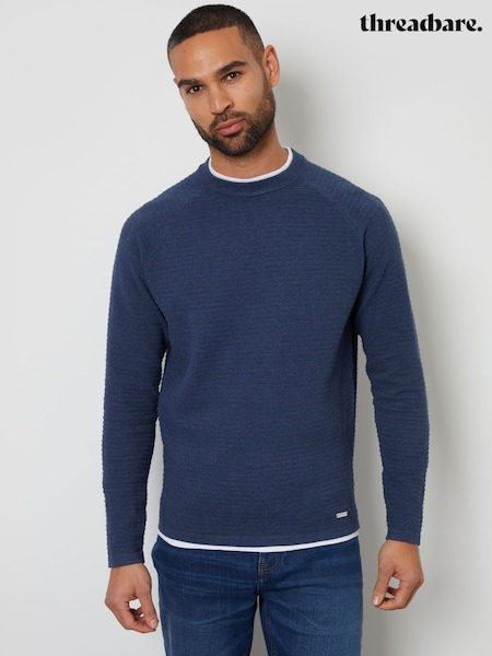 Threadbare Denim Blue Textured Raglan Mock T-Shirt Crew Neck Jumper (F07697) | R$ 300