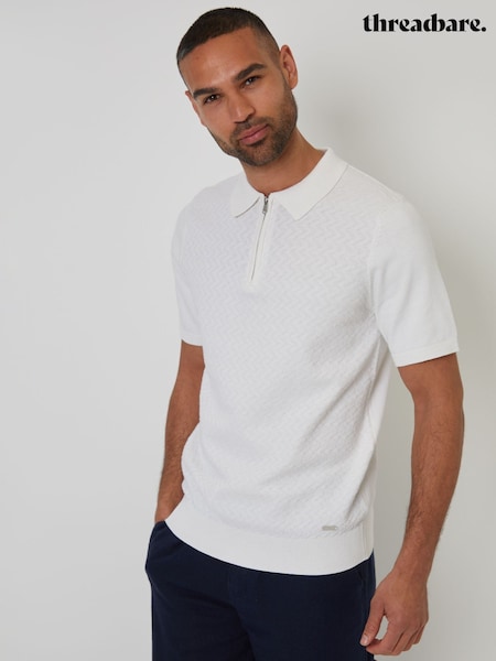 Threadbare Cream Textured Front Quarter Zip Knitted Polo Shirt (F07703) | AED159