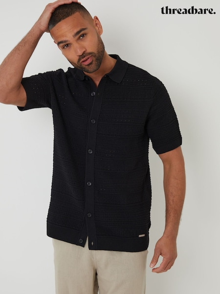 Threadbare Black Textured Knitted Button Through Polo Shirt (F07706) | €32