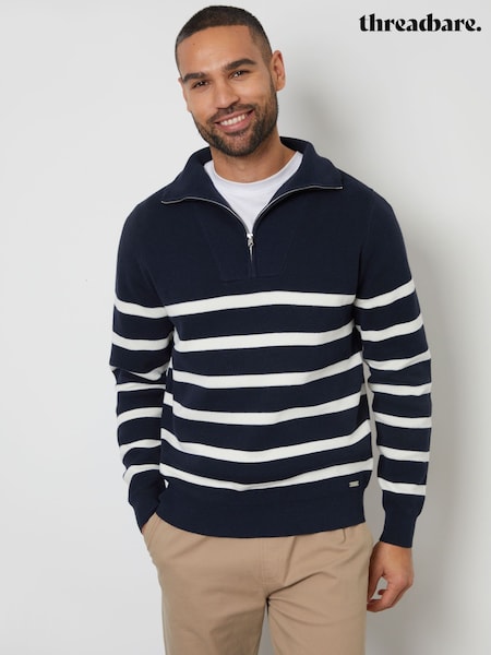 Threadbare Blue Striped Knitted Quarter Zip Jumper (F07708) | €34