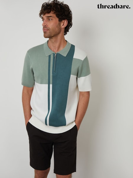 Threadbare Green Colourblock Quarter Zip Knitted Polo Shirt (F07712) | €32