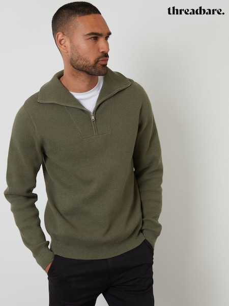 Threadbare Olive Green' Rib Panel Quarter Zip Jumper (F07720) | €34