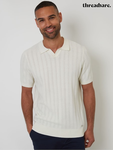 Threadbare Cream Textured Knitted Trophy Neck Polo Shirt (F07721) | AED159