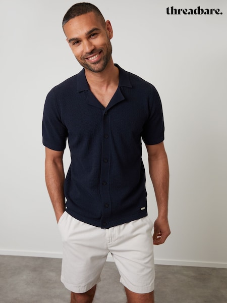 Threadbare Blue Textured Revere Collar Knitted Shirt (F07726) | €34