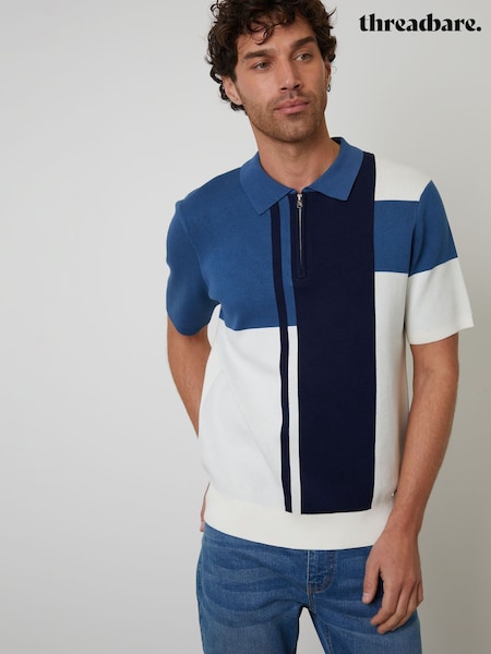 Threadbare Blue Colourblock Quarter Zip Knitted Polo Shirt (F07737) | 119 QAR