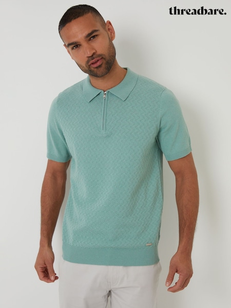 Threadbare Green Textured Front Quarter Zip Knitted Polo Shirt (F07750) | €32
