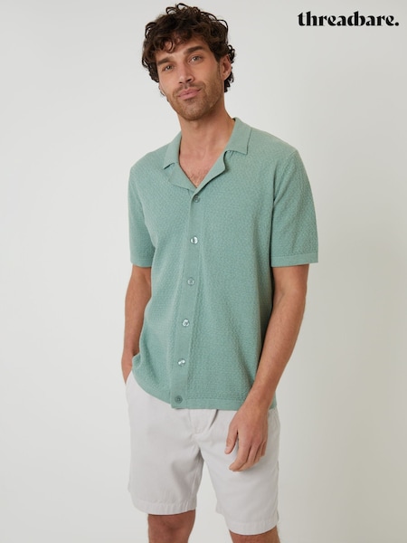 Threadbare Green Textured Revere Collar Knitted Shirt (F07758) | €34