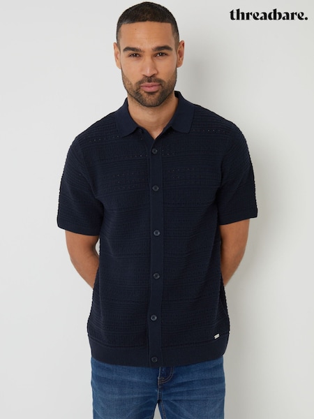 Threadbare Navy Textured Knitted Button Through Polo Shirt (F07776) | €34