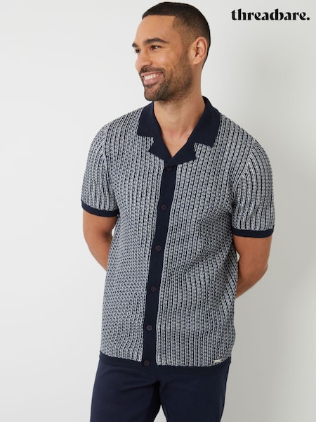 Threadbare Blue Textured Stripe Revere Collar Knitted Shirt (F07779) | €34