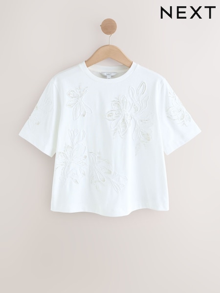 White Floral Print Embellished T-Shirt (F07803) | OMR14