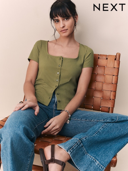 Khaki Green Short Sleeve Ribbed Button Through Top (F07810) | 72 QAR