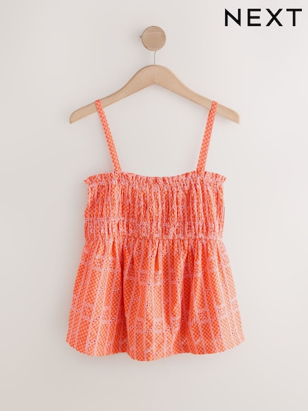 Orange Sleeveless Shirred Broderie Cami (F07812) | €30