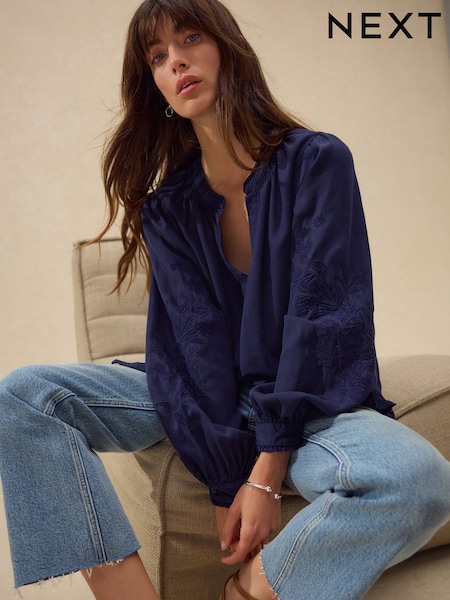 Navy Long Sleeve Button Through Embroidery Blouse (F07841) | €59.50
