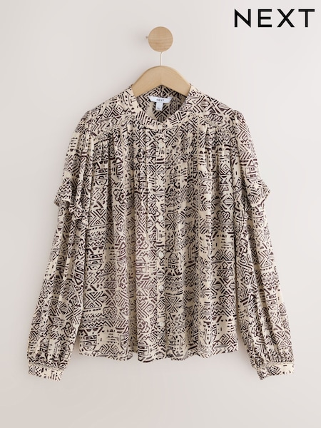 Brown/Cream Aztec Print - Print Long Sleeve Pintuck Ruffle Sleeve Blouse (F07843) | €41