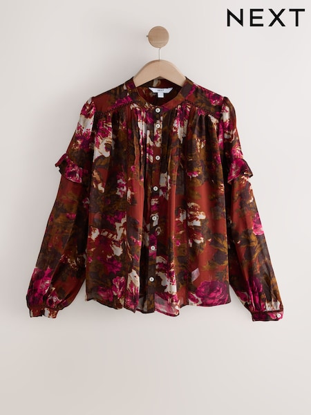 Brown/Pink Floral - Print Long Sleeve Pintuck Ruffle Sleeve Blouse (F07844) | €41