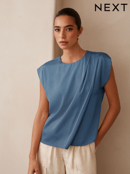 Blue Short Sleeve Crinkle Satin Asymmetric Top (F07846) | R$ 250
