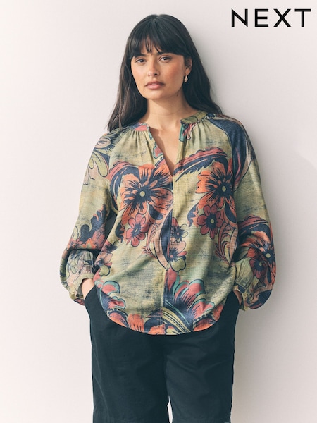 Green Paisley Floral Print Long Sleeve V-Neck Blouse (F07849) | €34.50