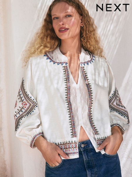Cream Long Sleeve Embroidered Cotton Lightweight Jacket (F07851) | €75