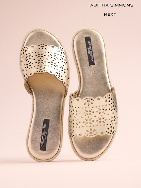 Gold Leather Tabitha Simmons x Next Darcy Leather Round Toe Laser Cut Espadrille Mules (F07911) | €124.50