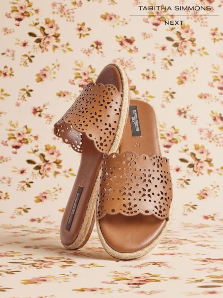 Tan Brown Tabitha Simmons x Next Darcy Leather Round Toe Laser Cut Espadrille Mules (F07927) | €124.50