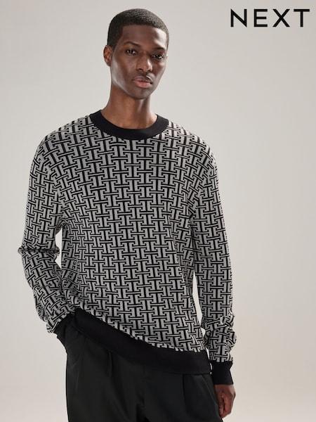 Black/Grey Regular Fit Pattern Crew Neck Jumper (F07967) | €41
