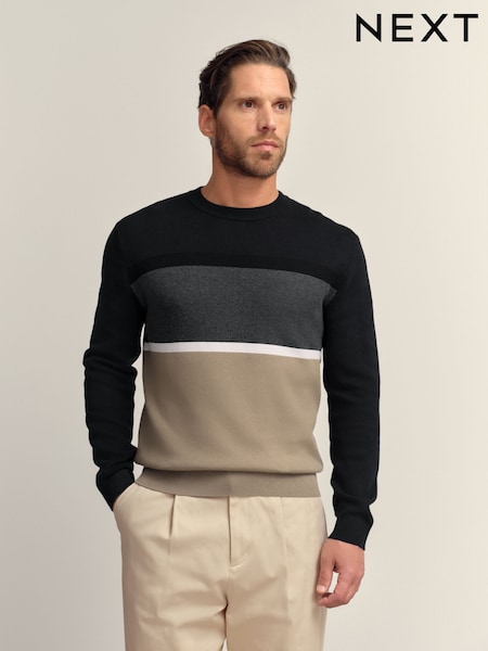 Preto/Pedra - Regular Fit Colourblock Stripe Crew Neck Jumper (F08007) | R$ 305