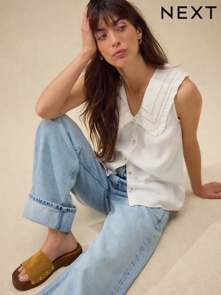 Cream Oversized Sleeveless Peter Pan Collar Blouse (F08023) | R$ 330