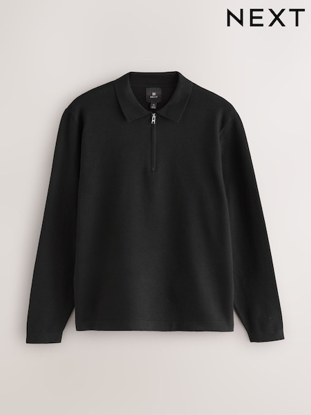 Black Zip Neck Regular Fit Premium Long Sleeve Knit Polo Shirt (F08030) | 178 QAR