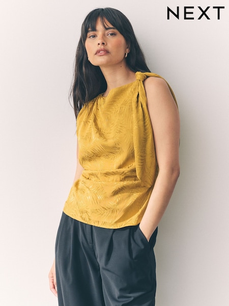 Ochre Yellow Sleeveless Jacquard Asymmetric Tie Shoulder Top (F08045) | €35