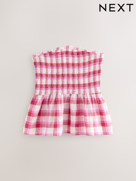 Red/White Gingham Shirred Peplum Bandeau Boobtube With Linen (F08048) | AED92