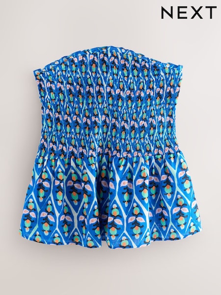 Blue/Orange Woodblock Geo Print Shirred Peplum Bandeau Boobtube With Linen (F08049) | AED92