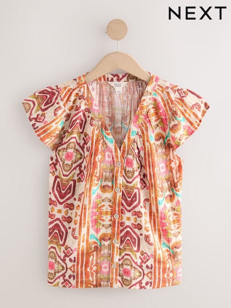 Multicoloured Abstract Print Button Down Ruffle Sleeve Top With Linen (F08050) | R$ 220