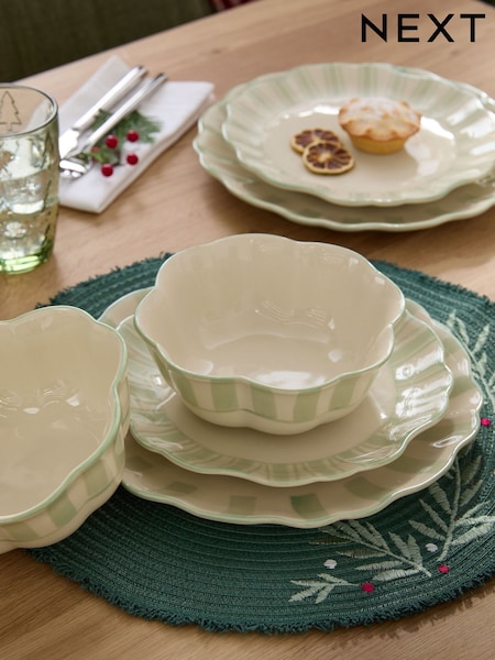 12 Piece Sage Green Handpainted Stripe Dinner Set (F08052) | €93