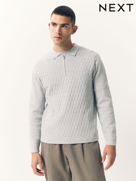 Grey Regular Fit Premium Textured Knit Quarter Zip Long Sleeve Polo Shirt (F08053) | 208 QAR