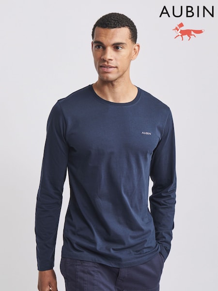 Aubin Blue Navy Camblesforth Long Sleeve 100% Cotton T-Shirt (F08077) | €56