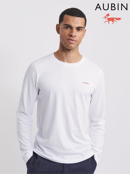 Aubin White Camblesforth Long Sleeve 100% Cotton T-Shirt (F08085) | AED227