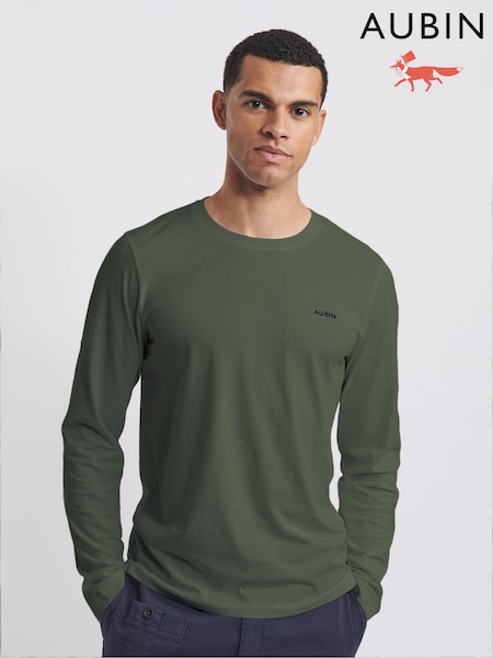 Aubin Green Khaki Camblesforth Long Sleeve 100% Cotton T-Shirt (F08087) | R$ 385