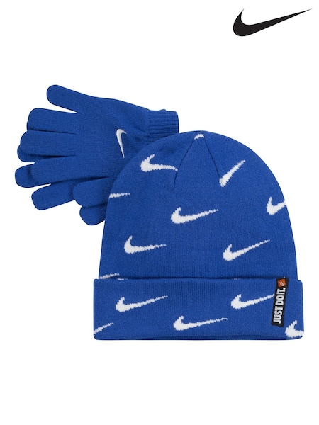 Nike Blue Swoosh Repeat Beanie and Gloves Set (F08128) | €32