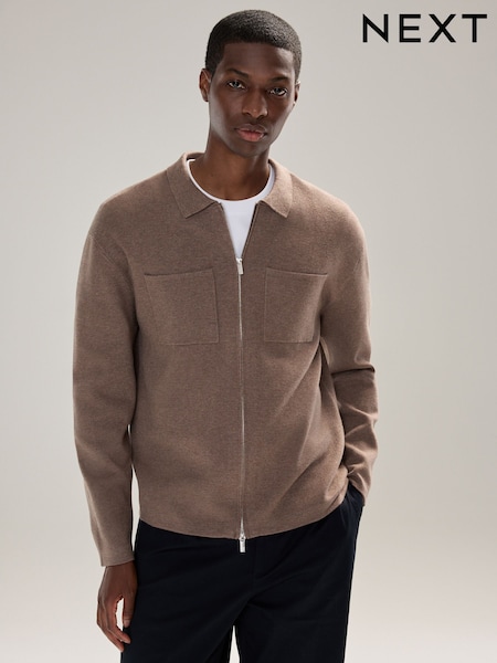 Mushroom Regular Fit Premium Knitted Zip Through Shacket (F08160) | €60
