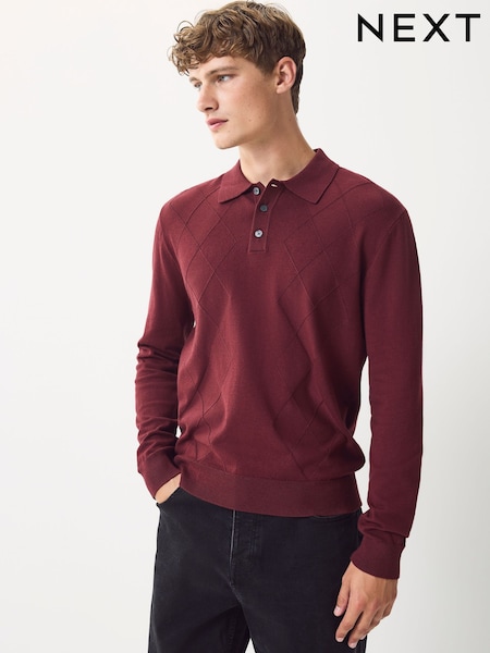 Brick Red Regular Fit Knit Argyle Pattern Long Sleeve Polo Shirt (F08181) | 158 QAR