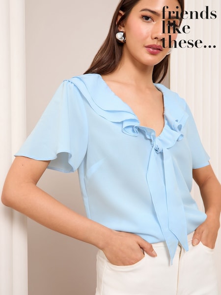 Friends Like These Blue Petite Short Sleeve Ruffle Bow Front Blouse (F08197) | 1,923 UAH