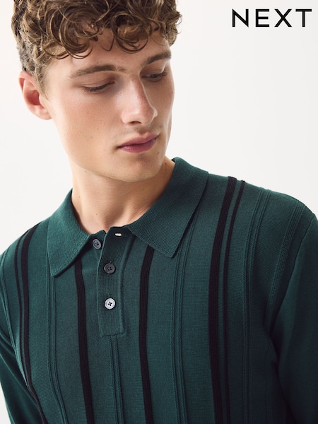 Verde - Regular Fit Cotton Rich Long Sleeve Stripe Knit Polo Shirt (F08210) | 38 €