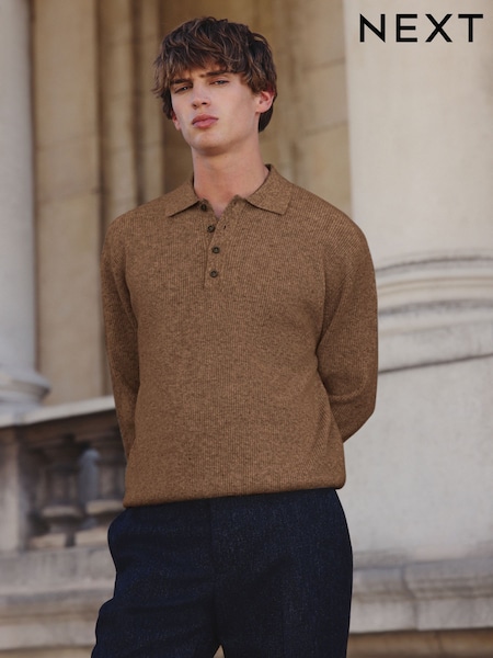 Tan Brown Regular Fit Textured Long Sleeve Knit Polo Shirt with Wool (F08244) | €41