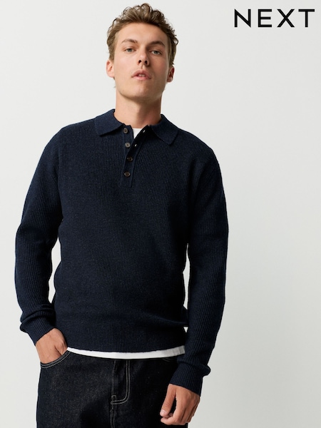 Navy Blue Regular Fit Textured Long Sleeve Knit Polo Shirt with Wool (F08248) | AED166