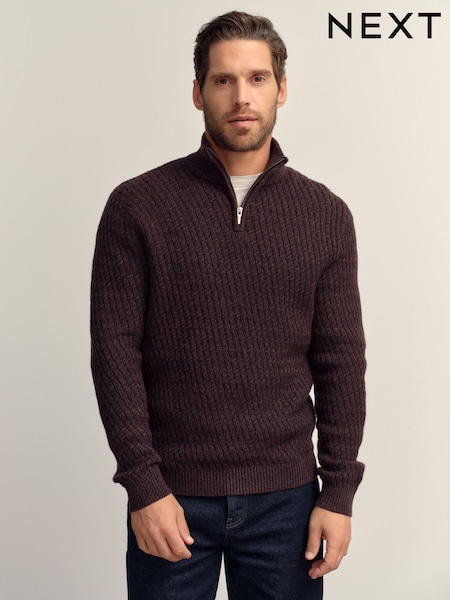 Brown Regular Fit Textured Quarter Zip Neck Jumper (F08305) | €41