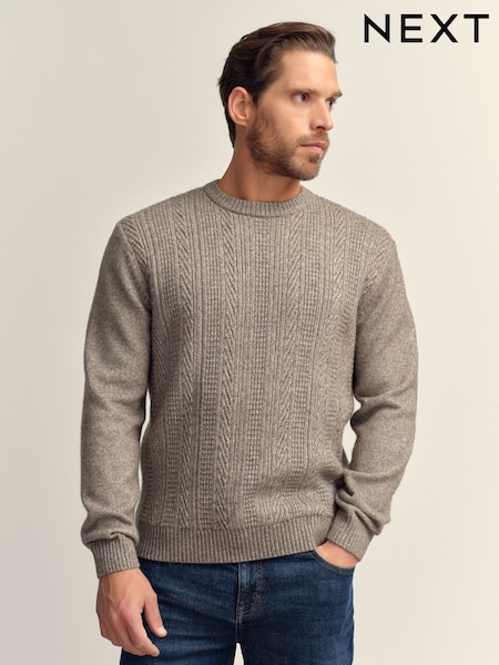 Pedra escura - Regular Fit Cable Knit Crew Neck Jumper with Wool (F08309) | R$ 305