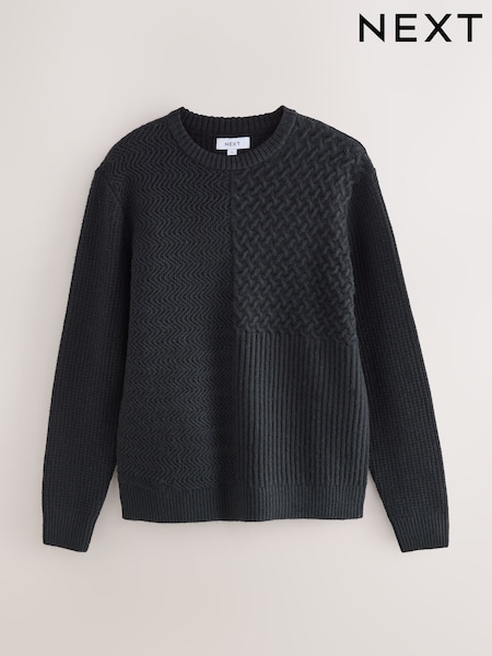 Black Regular Fit Patchwork Cable Crew Neck Jumper with Wool (F08310) | €45