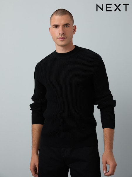 Preto - Regular Fit Rib Texture Crew Jumper (F08315) | R$ 285