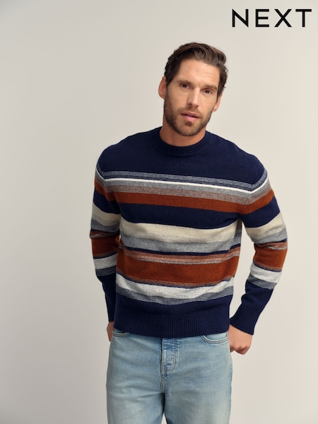 Navy Blue Relaxed Fit Cosy Stripe Crew Jumper with Wool (F08356) | €45