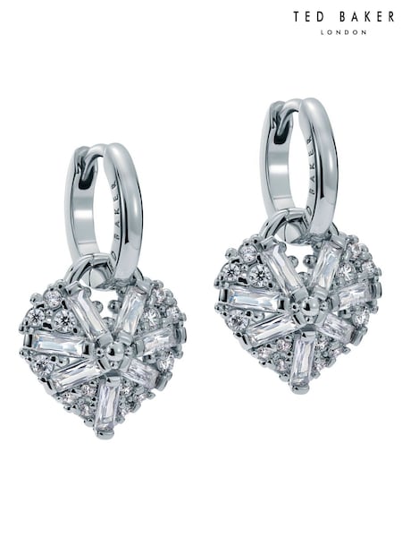 Ted Baker Silver Tone Cherise: Crystal Cluster Heart Huggie Drop Earrings (F08489) | €58
